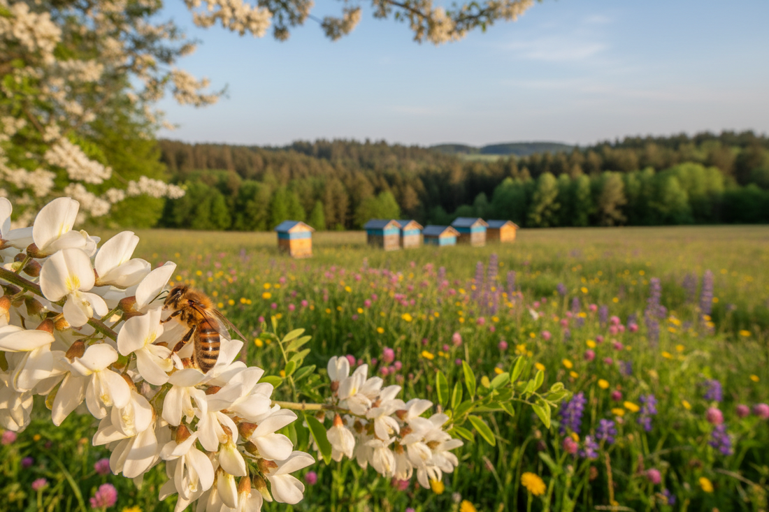Honey bee collecting nectar from acacia blossoms beside beehives in the German countryside