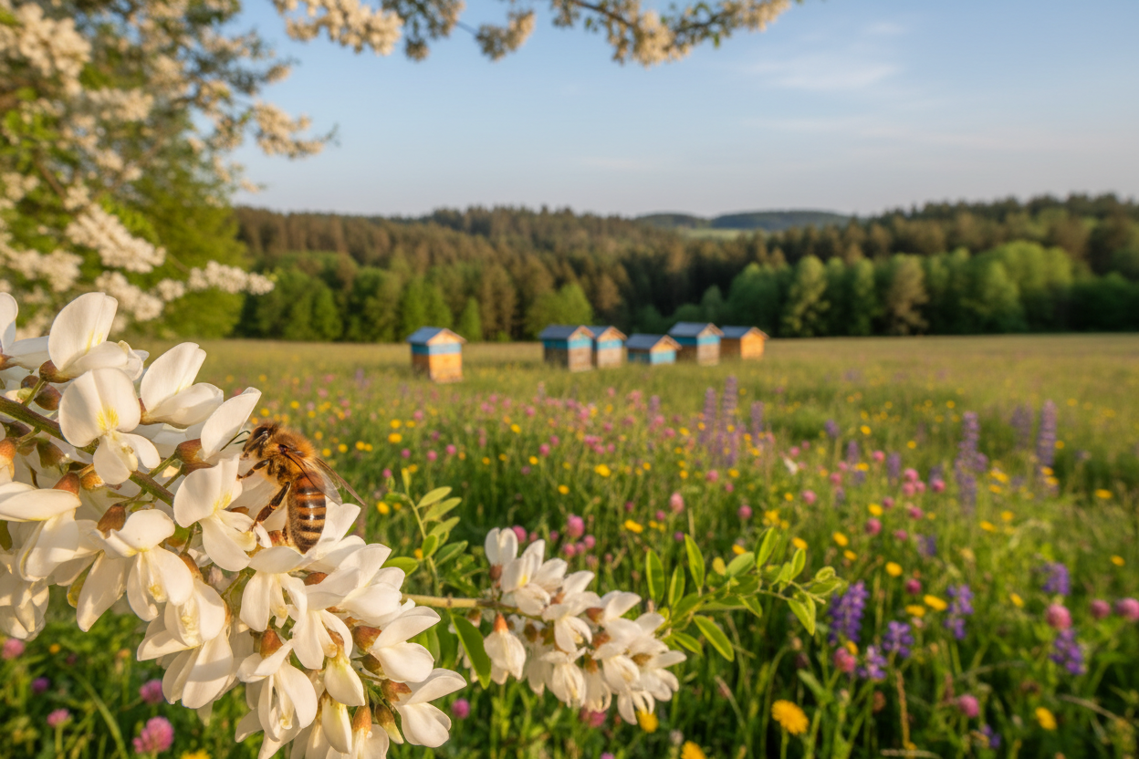 Honey bee collecting nectar from acacia blossoms beside beehives in the German countryside