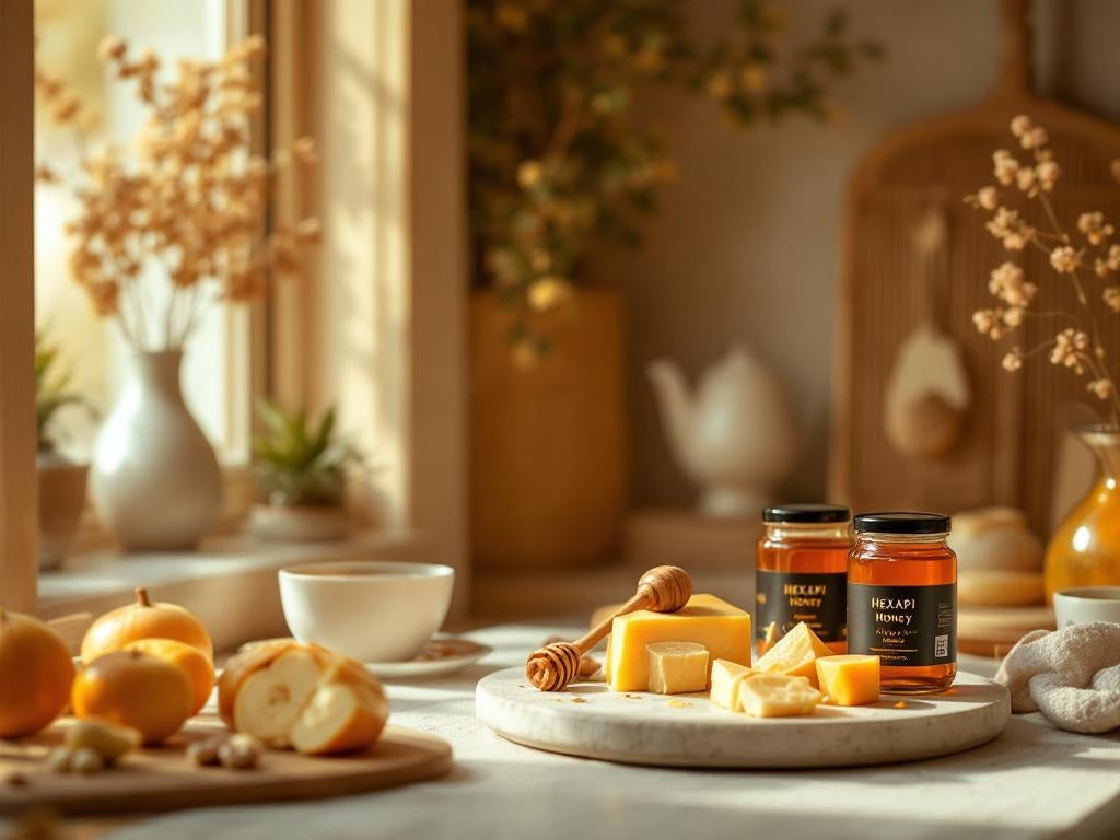 Hexapi Honey - Antioxidants - the Dark Honey Advantage - Table setting with Hexapi honey jars, cheese, and fruits in a warm, homey kitchen.