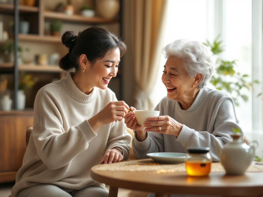 Hexapi Honey - Can Honey Help Sore Throats? Myth vs. Science- Two women sitting together at a table, sharing a cup of tea with Hexapi organic honey in a cozy room.