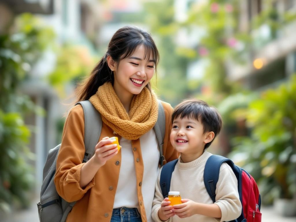 Hexapi Honey - Discover the Timeless Benefits of Natural Propolis - A Hong Kong woman and child walking together outdoors, holding HEXAPI honey drinks, with a blurred background of greenery and buildings.