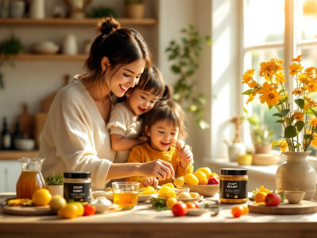Hexapi Honey - Energy and Daily Vitality - Honey vs refined Sugar - Woman and two children at a kitchen table with various items including jars of Hexapi Honey and fruits.