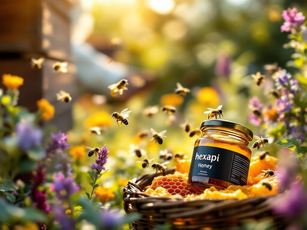 Hexapi Honey - German Raw Honey = Functional Food, a Jar of organic Hexapi Honey surrounded by bees and flowers