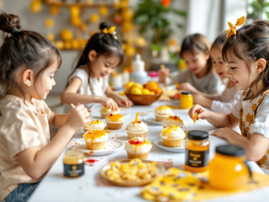 Hexapi Honey - Honey-Based Crafts and Activities for Children's Parties: A Hong Kong Parent's Guide - Children decorating cupcakes at a table with various items and HEXAPI honey jars background