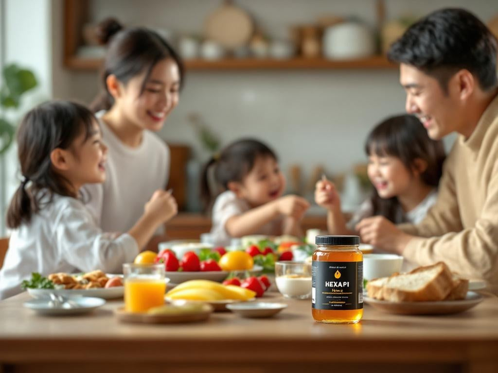 Hexapi Honey - Honey for Families A Parent's Complete Guide - Family gathered around a table with a jar of HEXAPI honey on the table.