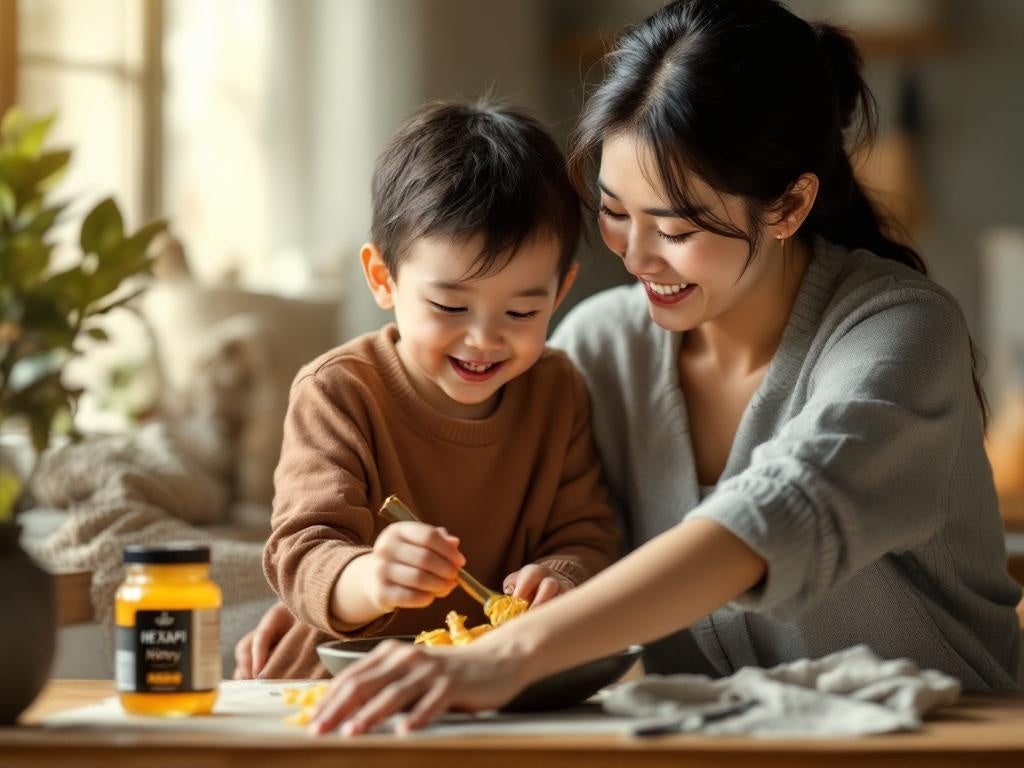 Hexapi Honey - Honey for Families A Parent's Complete Guide - A Hong Kong woman and child eating together at a table with a jar of HEXAPI honey on a wooden surface.