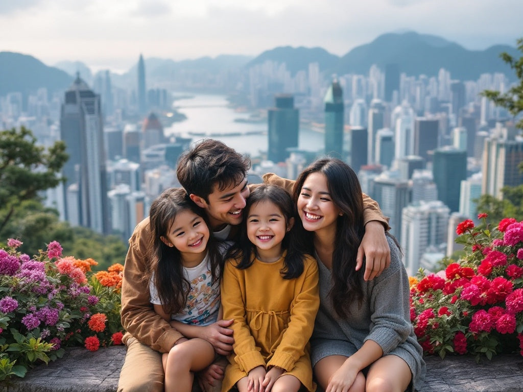 Hexapi Honey - Honey for Families A Parents Complete Guide - Family of four sitting together with Hong Kong skyline and mountains in the background