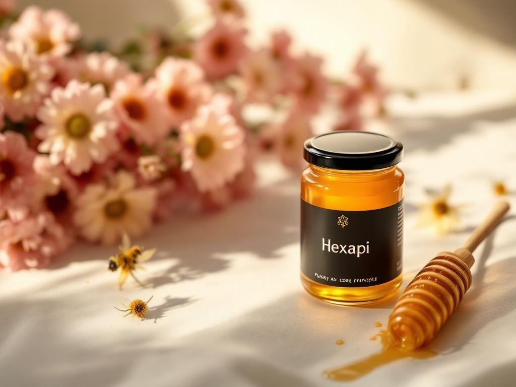 Honey for Wellness - A Natural Health Guide - Hexapi honey jar with a honey dipper and flowers on a light surface