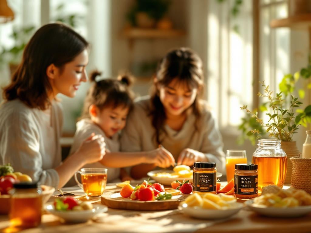 Hexapi Honey - Honey in Your Kitchen and Life Recipes, Beauty, and Daily Living - Family gathered around a table with jars of HEXAPI honey and fruits