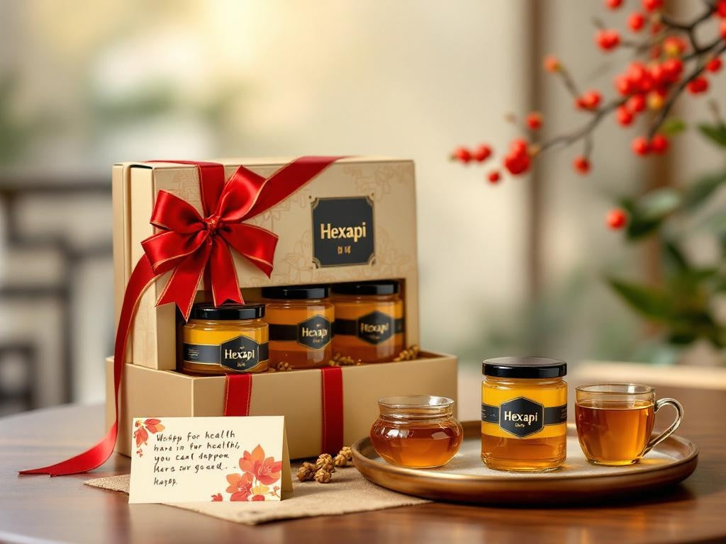 Hexapi Honey - Honey in Your Kitchen and Life Recipes, Beauty, and Daily Living - HEXAPI honey jars in a gift box with a red ribbon on a wooden table.