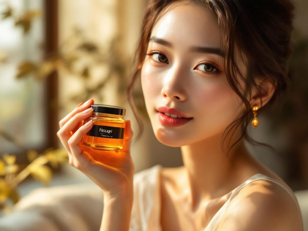 Hexapi Honey - Honey in Your Kitchen and Life Recipes, Beauty, and Daily Living - Woman holding a jar of HEXAPI honey with a blurred natural background