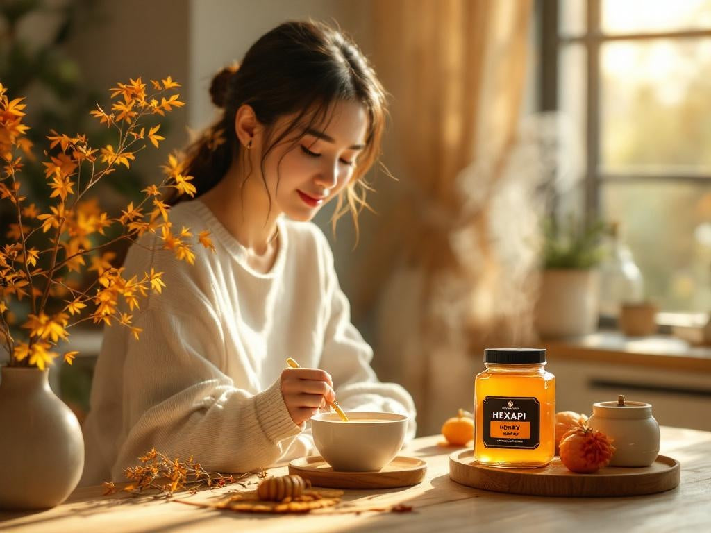 Hexapi Honey - Respiratory Health - Soothing and Antimicrobial Mechanisms - Woman enjoying a tea with a jar of Hexapi honey on a table.