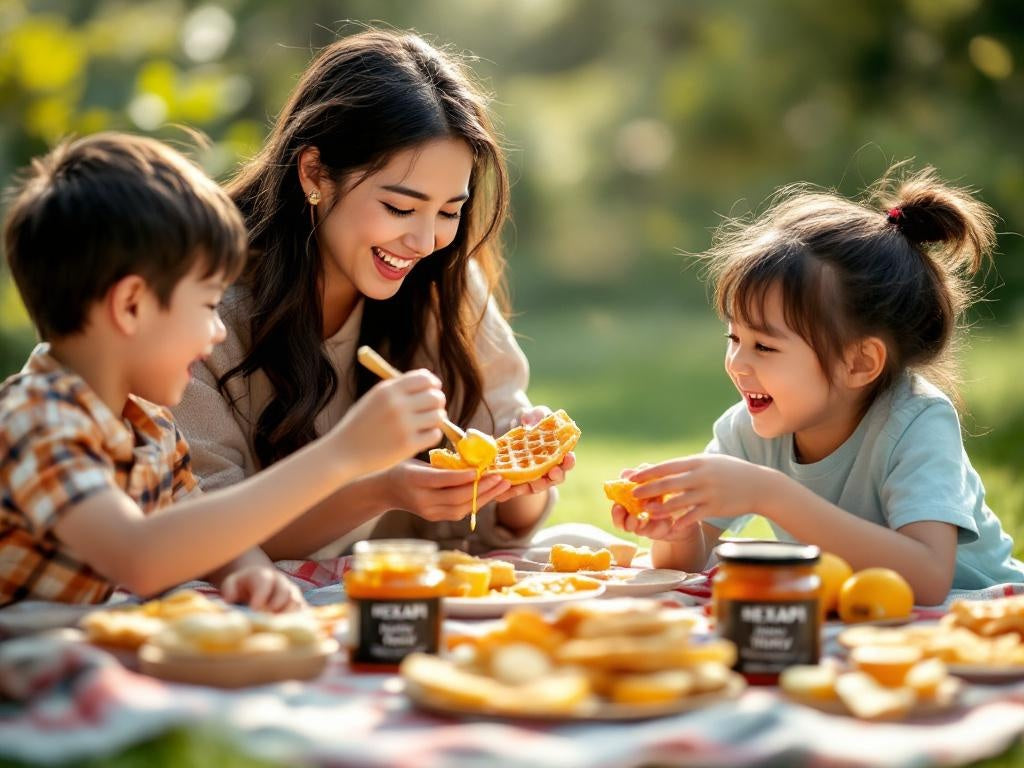 Hexapi Honey - Sweet Science Honey for Immunity. A woman and two children enjoying a picnic with waffles and jars of organic Hexapi honey in a Hong Kong park.