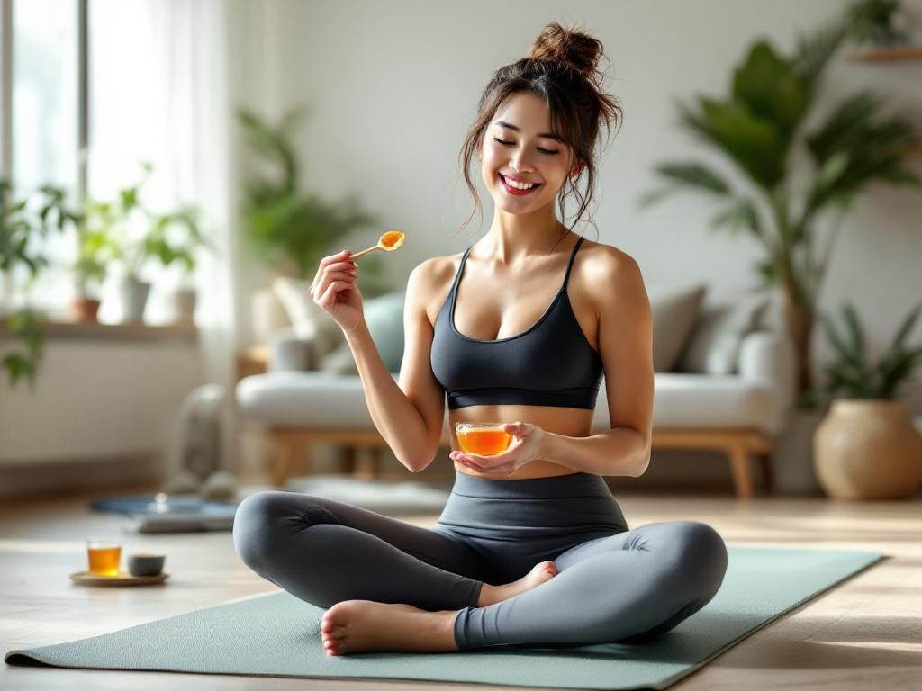 The Best Time to Eat Hexapi Honey for Maximum Health Benefits - Woman in workout attire sitting on a yoga mat, holding a glass of orange juice and a spoon.