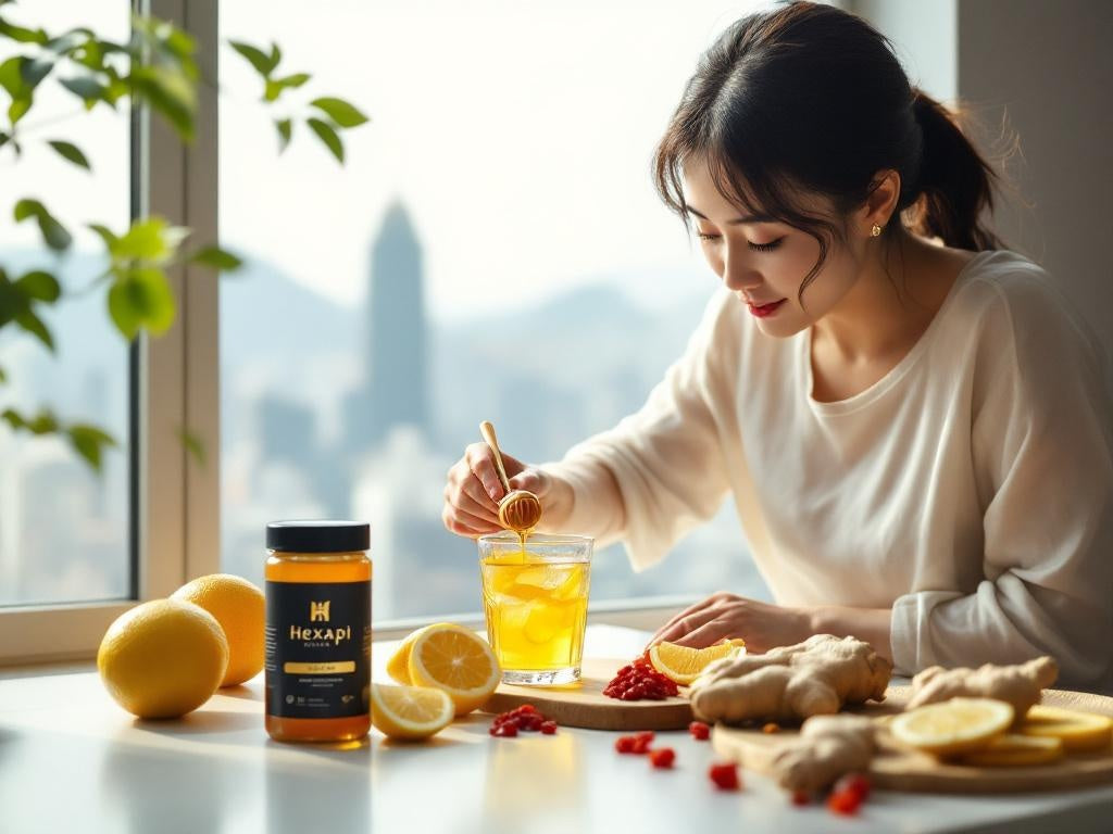 Hexapi Honey - Honey Detox Water: Trend or Truth? - Woman adding raw organic Hexapi honey to a glass of juice with a scenic Hong Kong view outside the window.