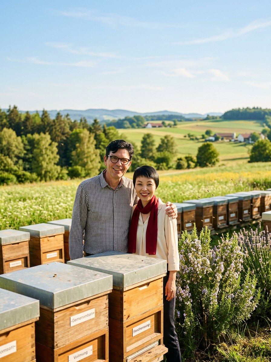 Hexapi founders Alice and Lars among beehives in the German countryside